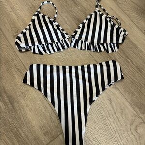 Black & White Striped Ruffle Triangle Bikini